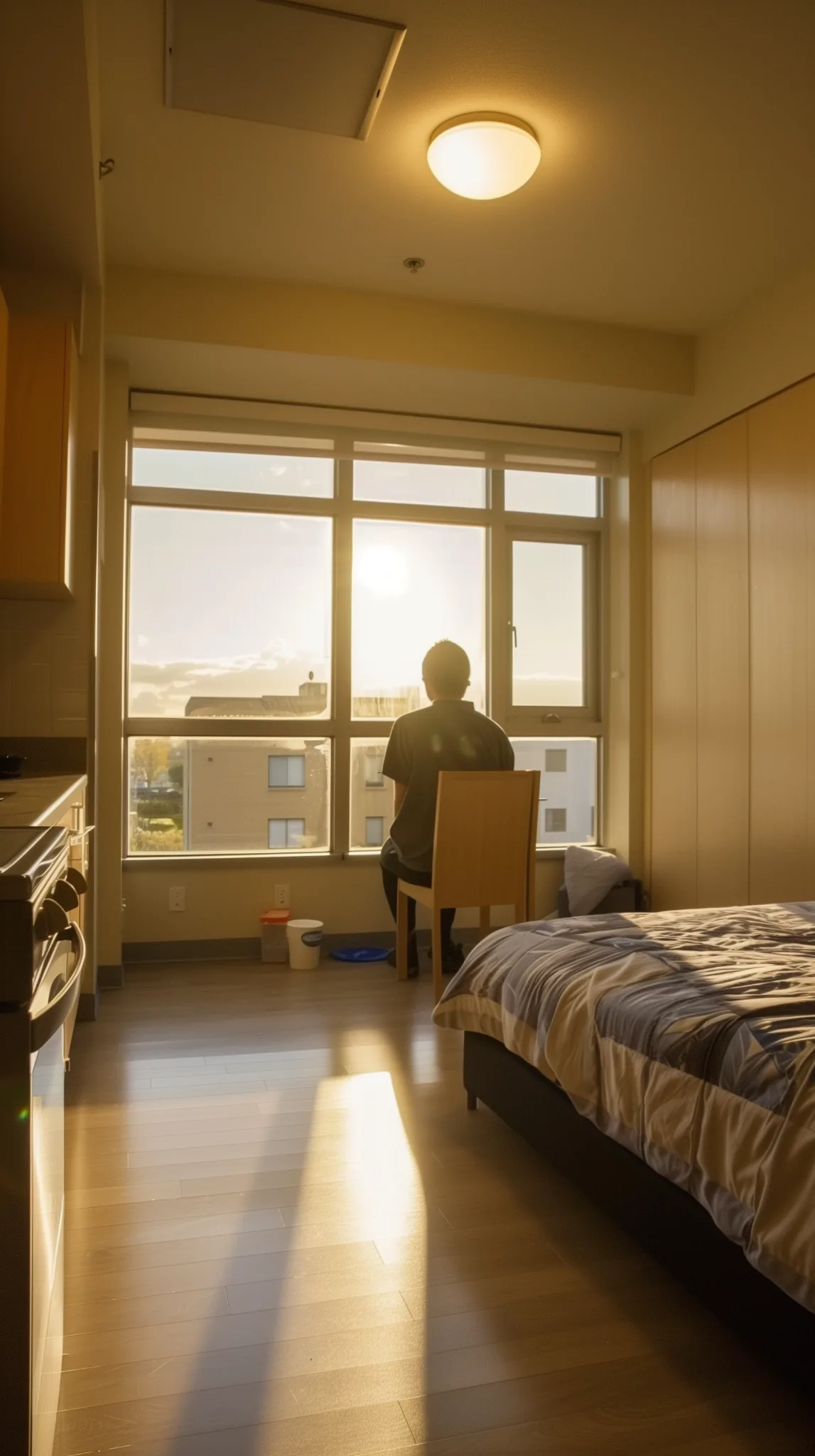 Resident seated by a window in a bright Cardington Apartments studio, bathed in warm golden-hour light, reflecting a calm and supportive housing environment.