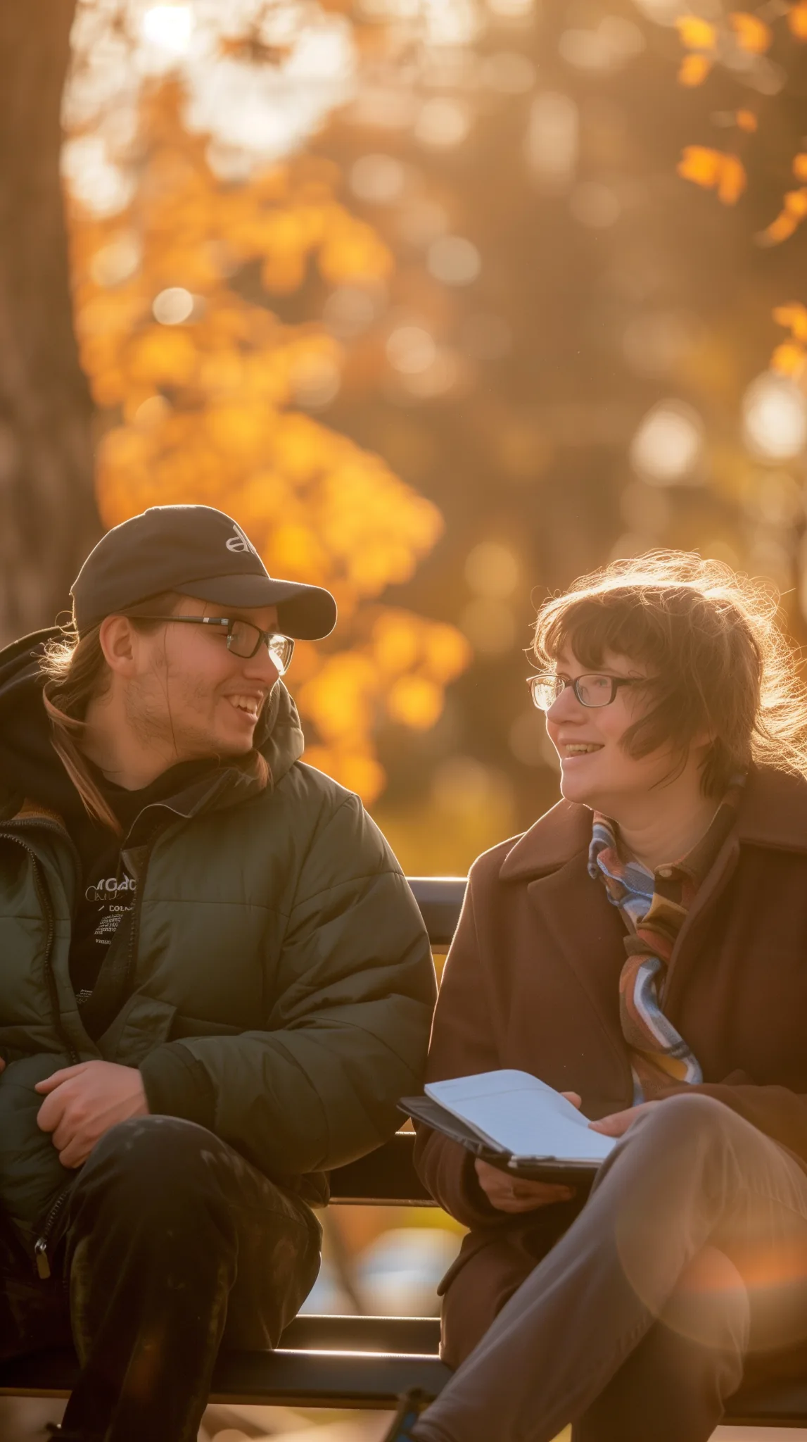 community-inclusion-and-outreach Two adults sitting on a park bench in autumn sunlight, talking and smiling during a community inclusion and outreach conversation.