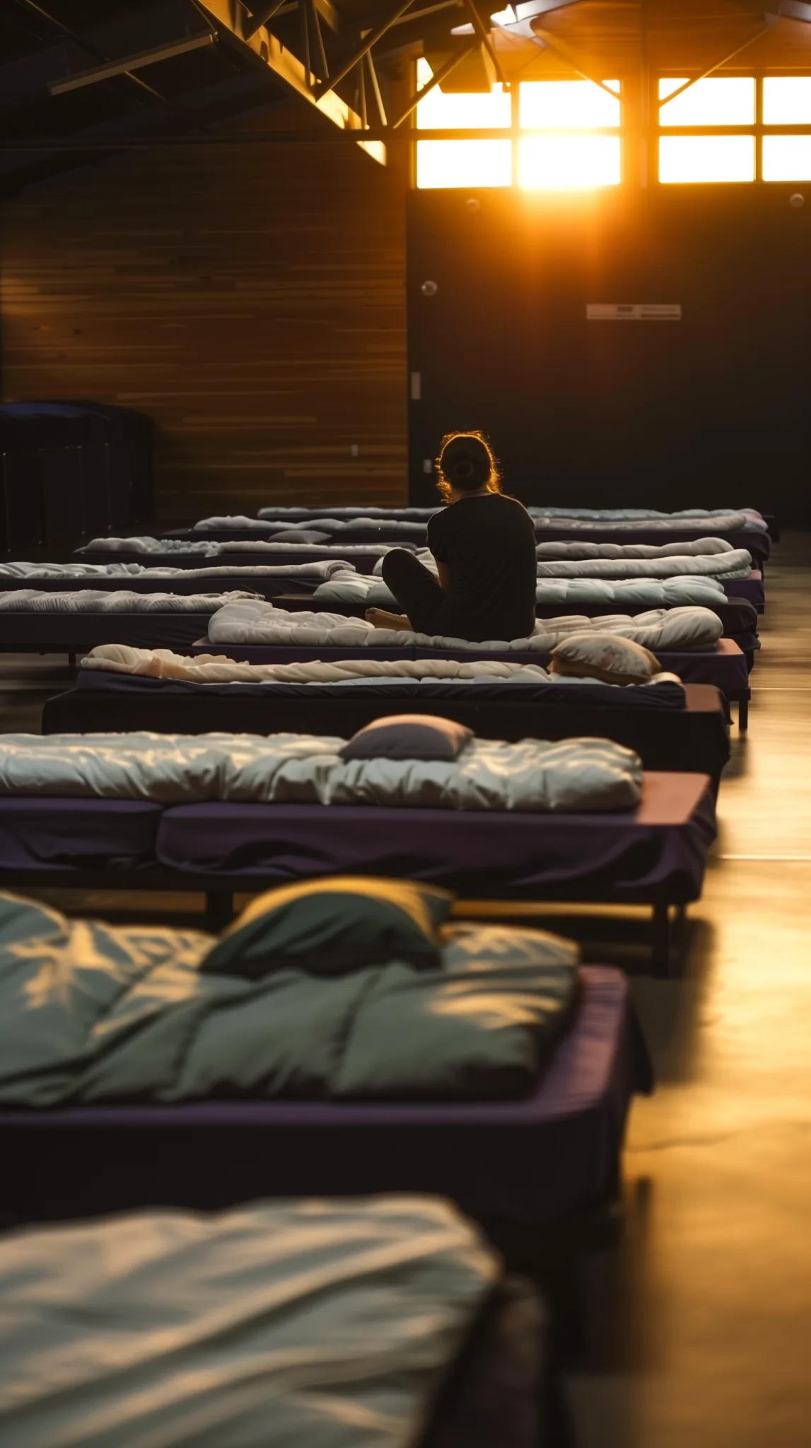 Person seated on a bed inside an emergency shelter during golden hour, with rows of prepared beds in a large indoor space, representing overnight shelter services and safety.