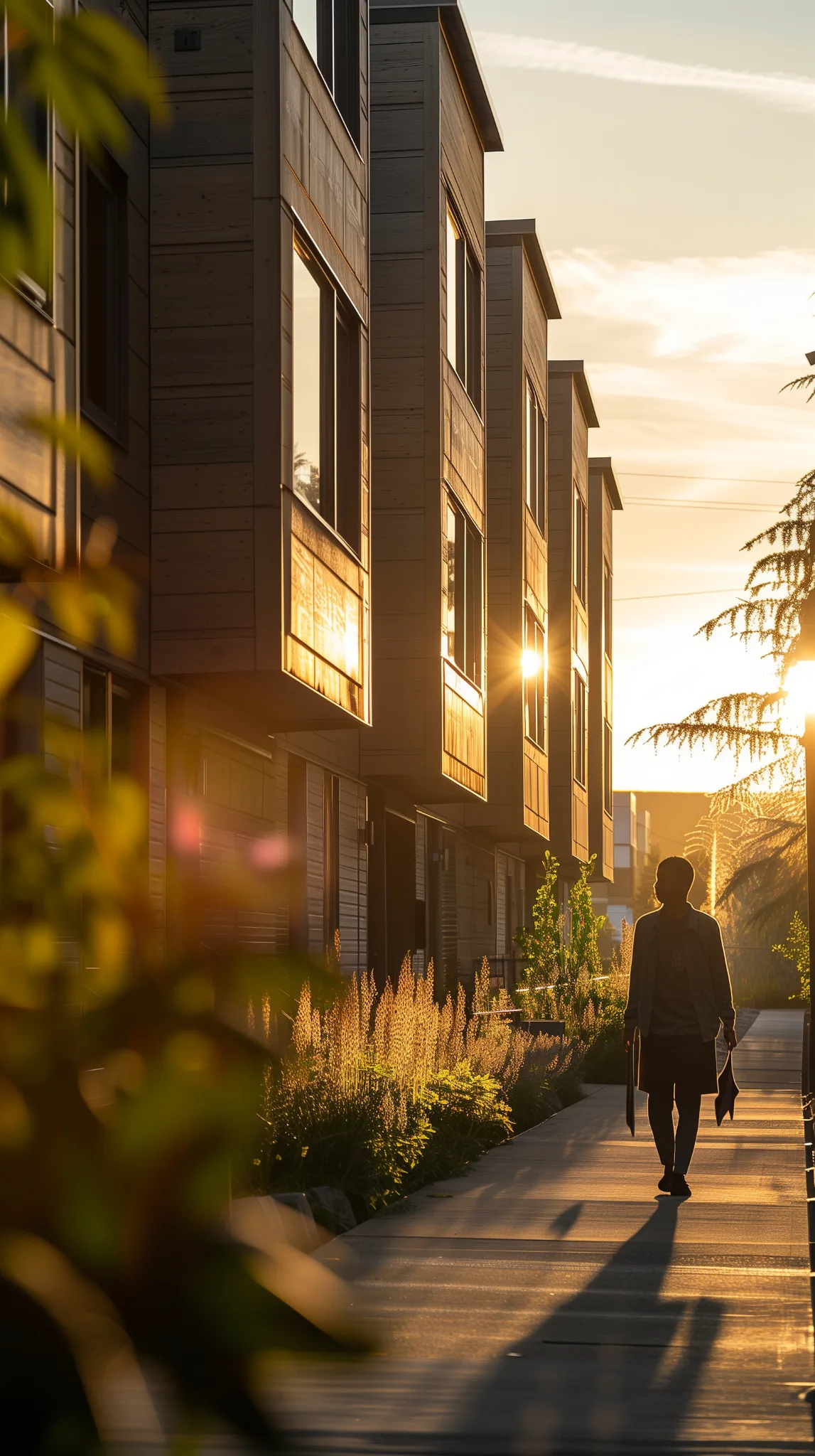 Person walking along a landscaped pathway at Hearthstone Apartments during golden hour, illustrating Housing First supportive housing with a calm, welcoming environment.”
