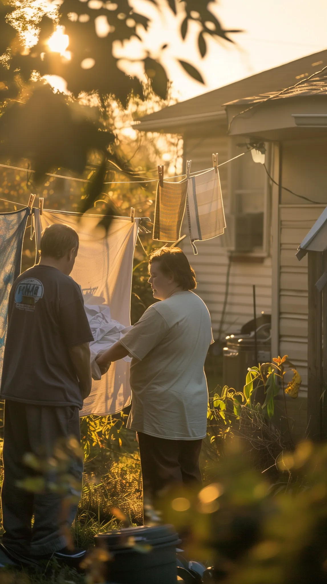 homeshare-okanagan Two people hanging laundry together in a backyard during golden hour, capturing everyday connection and shared living in a supportive home environment in the Okanagan.