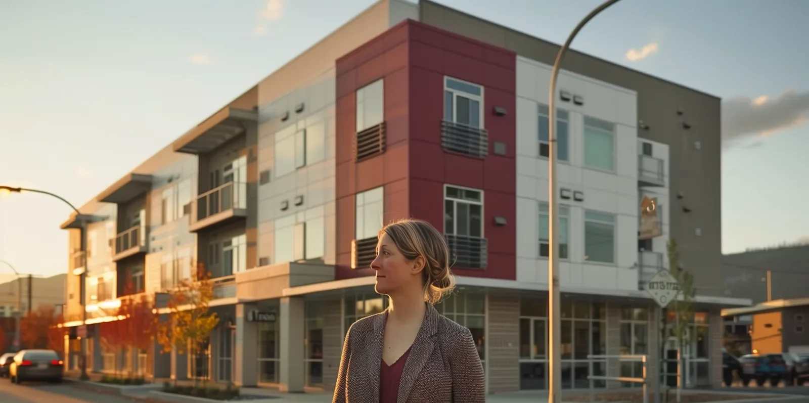 Resident standing outside New Gate Apartments at golden hour, with the modern multi-storey building in the background, reflecting stability, safety, and community-based supportive housing.