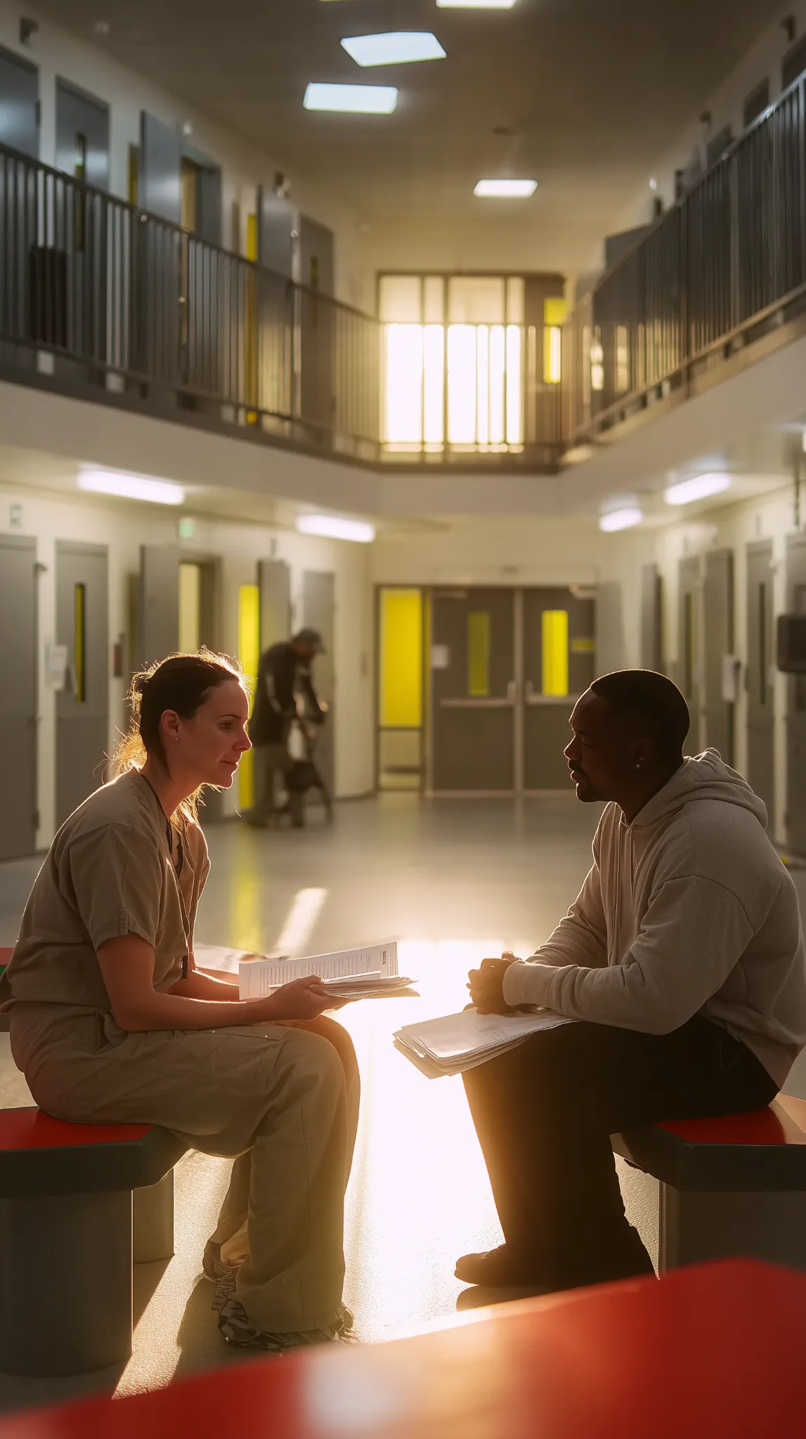 pre-release-support-okanagan Support worker meeting one-on-one with a Black man in a correctional facility common area, reviewing paperwork as part of pre-release and reintegration support services in the Okanagan.