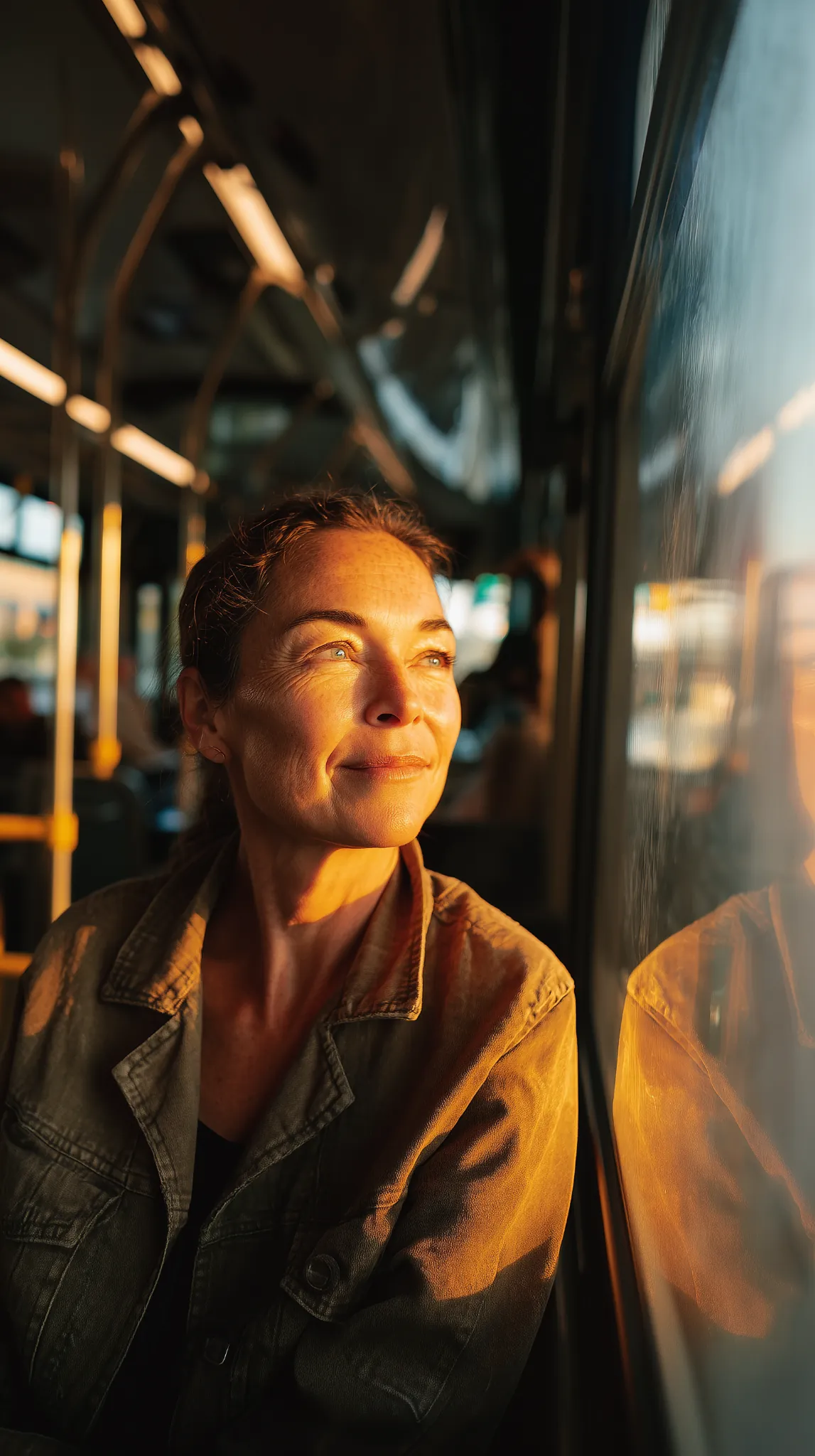 Woman seated on a city bus during golden hour, looking out the window with a calm, reflective expression, warm sunlight illuminating her face.