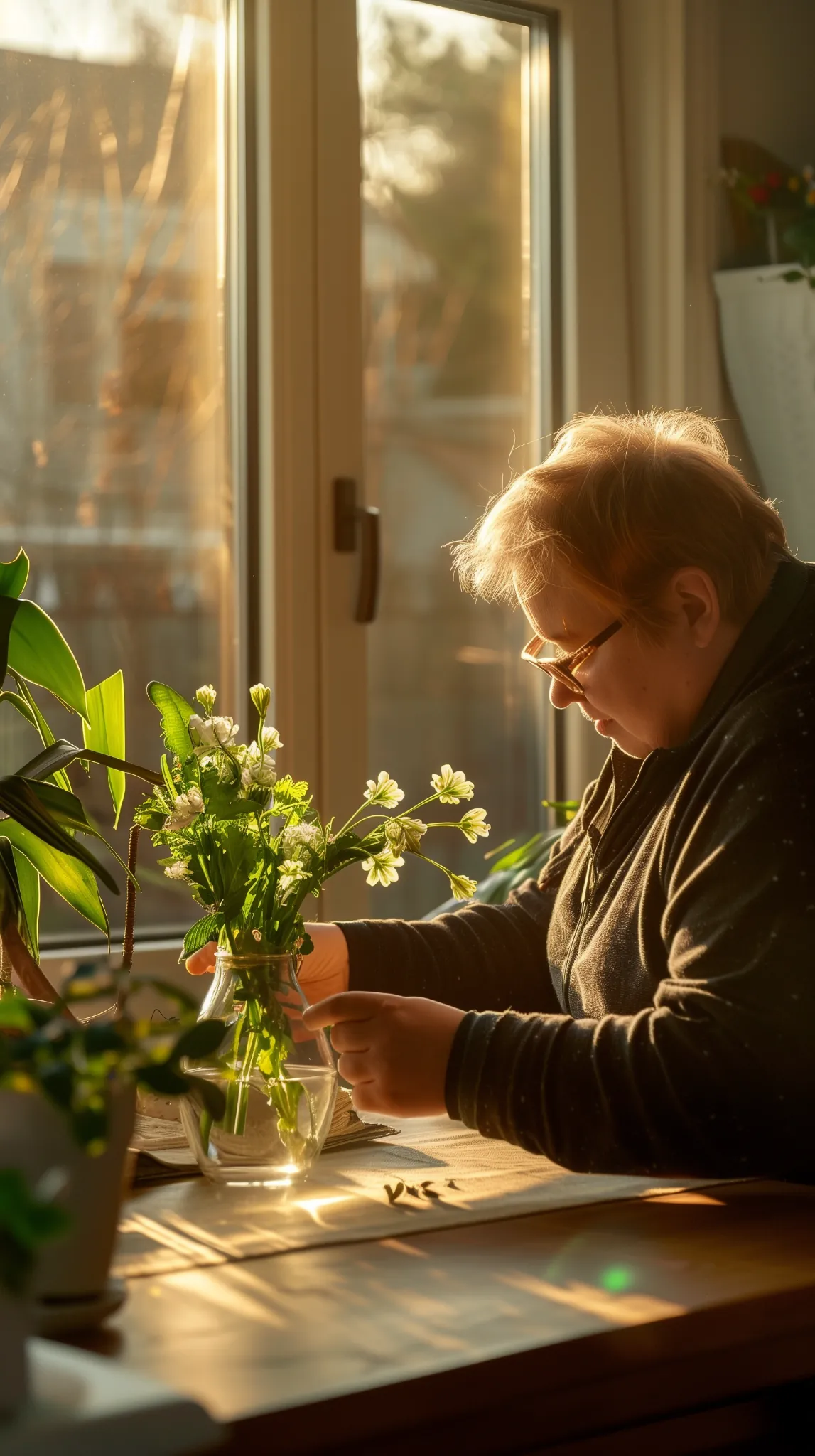 Adult with Down syndrome arranging fresh flowers in a vase at a table inside a shared community home, supported living environment with warm natural light.
