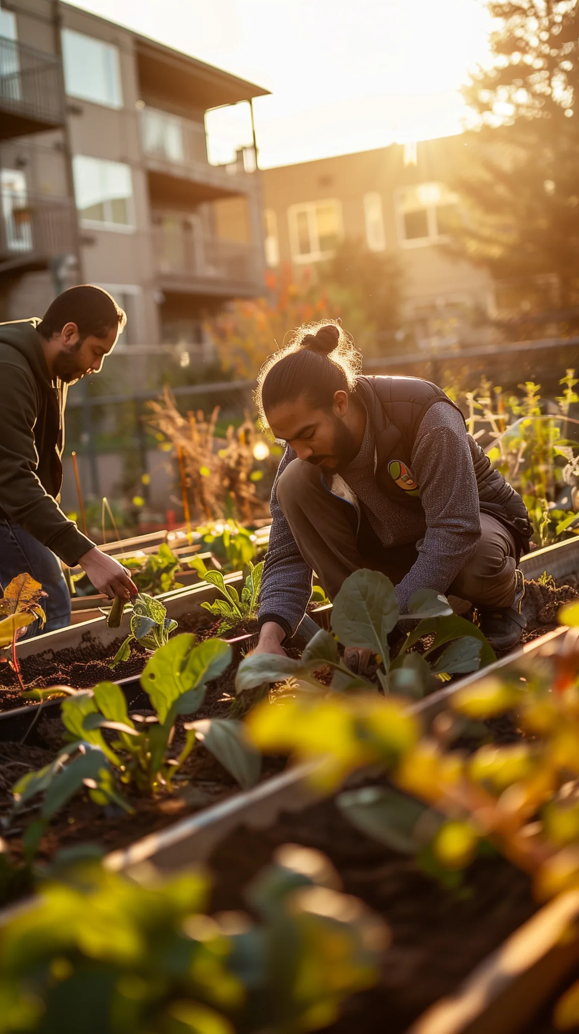 Residents tending raised garden beds at Stephen Village supportive housing, working together in a community garden during golden hour.