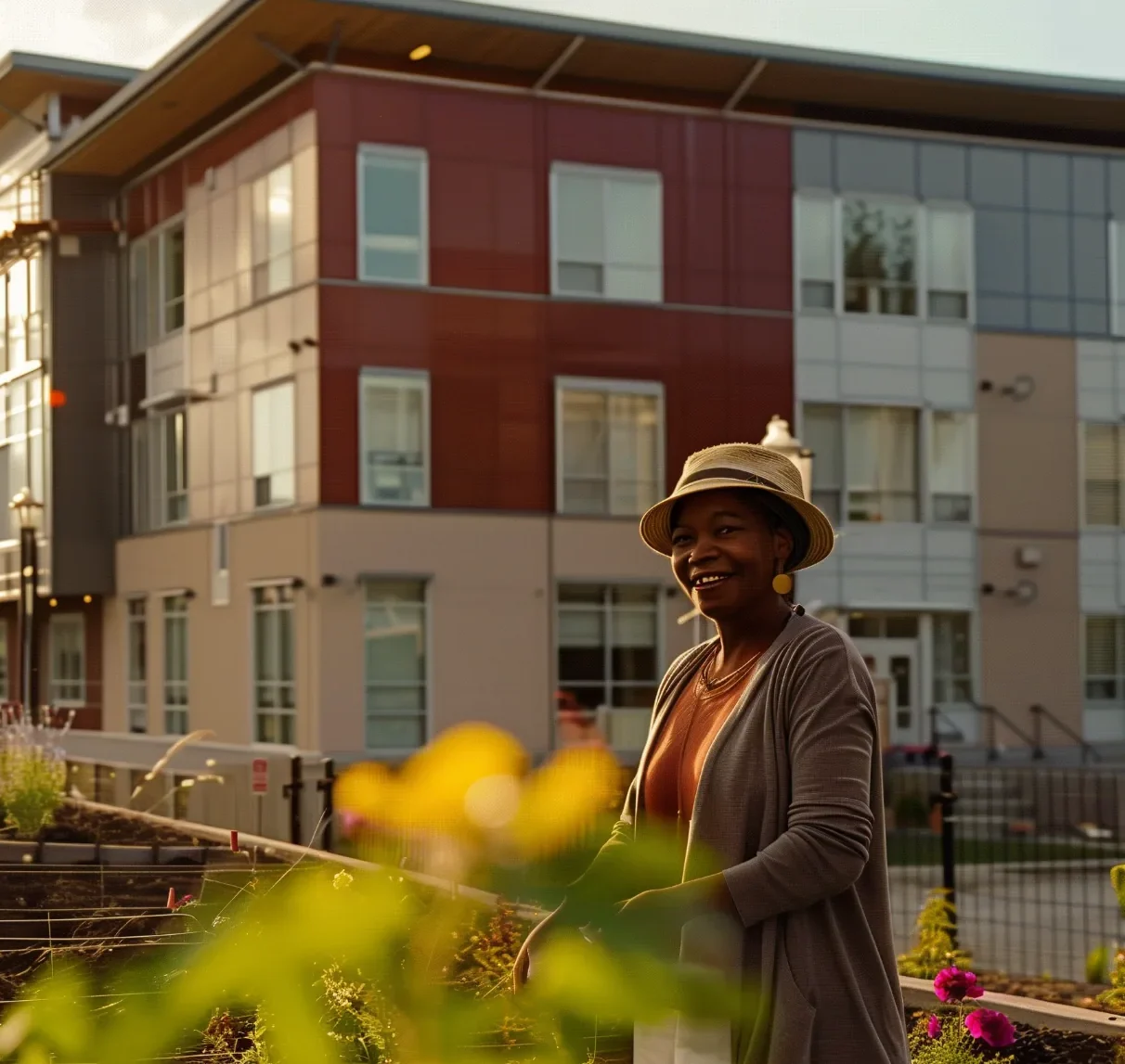 Resident standing in a community garden at Stephen Village supportive housing in Kelowna, with apartment buildings and raised garden beds in warm evening light.