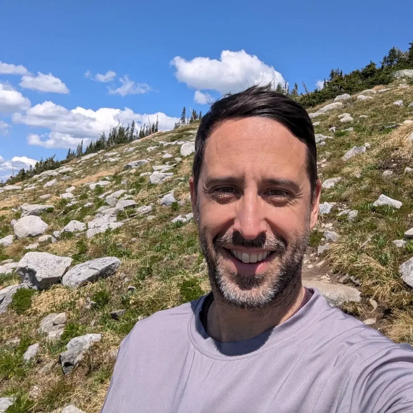 Man smiling in a selfie taken on a rocky alpine hillside, wearing a light purple t-shirt, with sparse evergreen trees and a bright blue sky with white clouds in the background.
