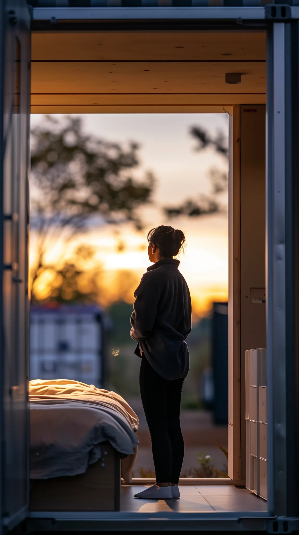 stories-of-change-housing Person standing in the doorway of a supportive housing unit at sunset, reflecting on stability and safety provided through community housing services.
