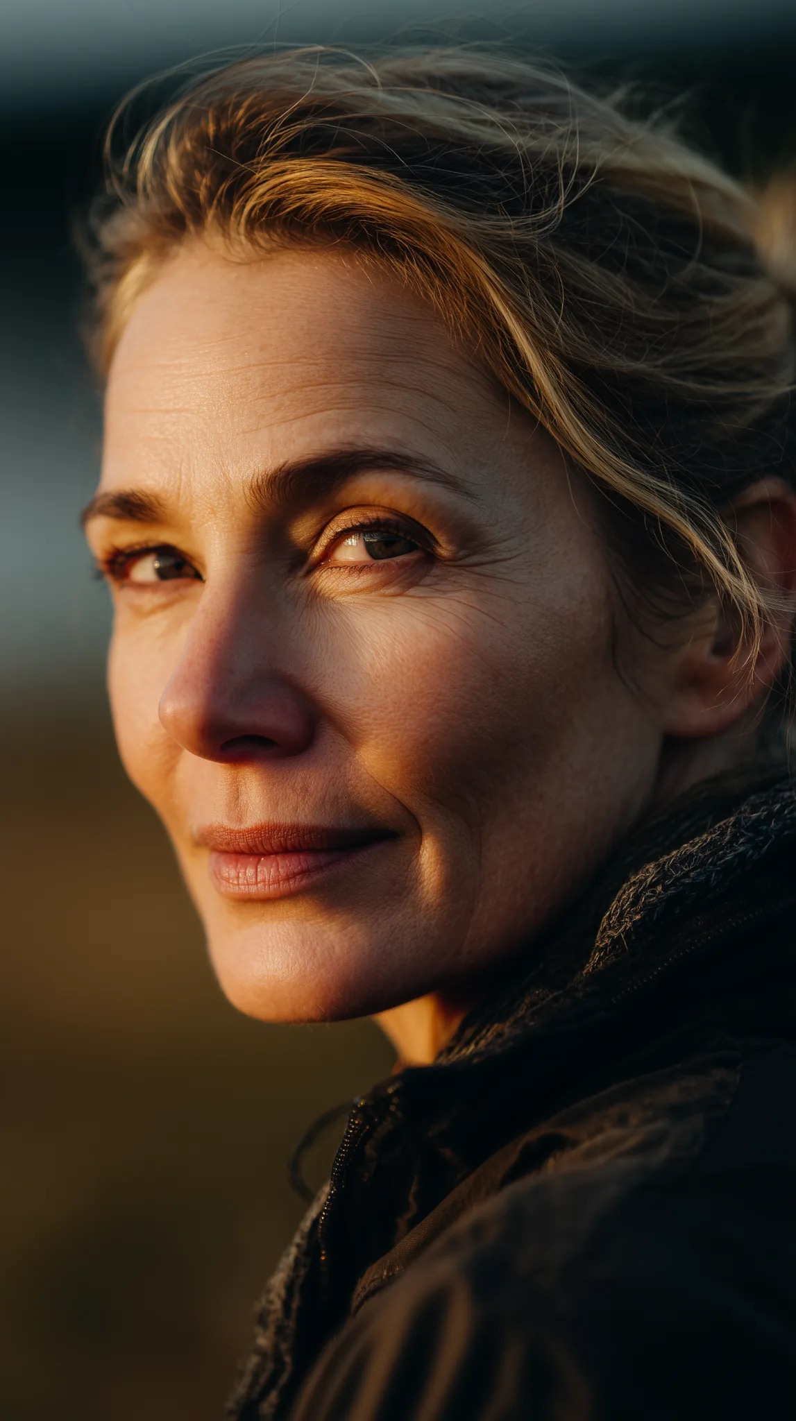 stories-of-change A woman looks back toward the camera in warm evening light, her expression calm and reflective against a softly blurred outdoor background.