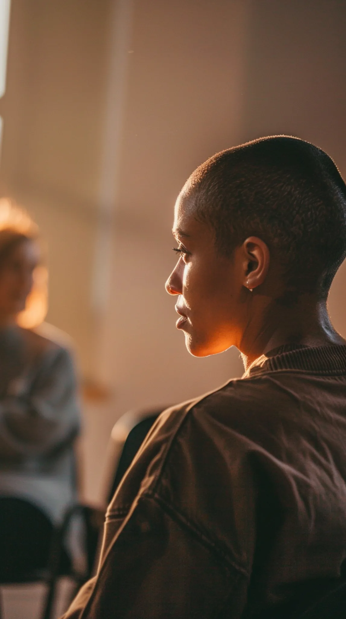 Participant listening during suicide intervention training in Kelowna, seated in a supportive group setting with warm natural light.