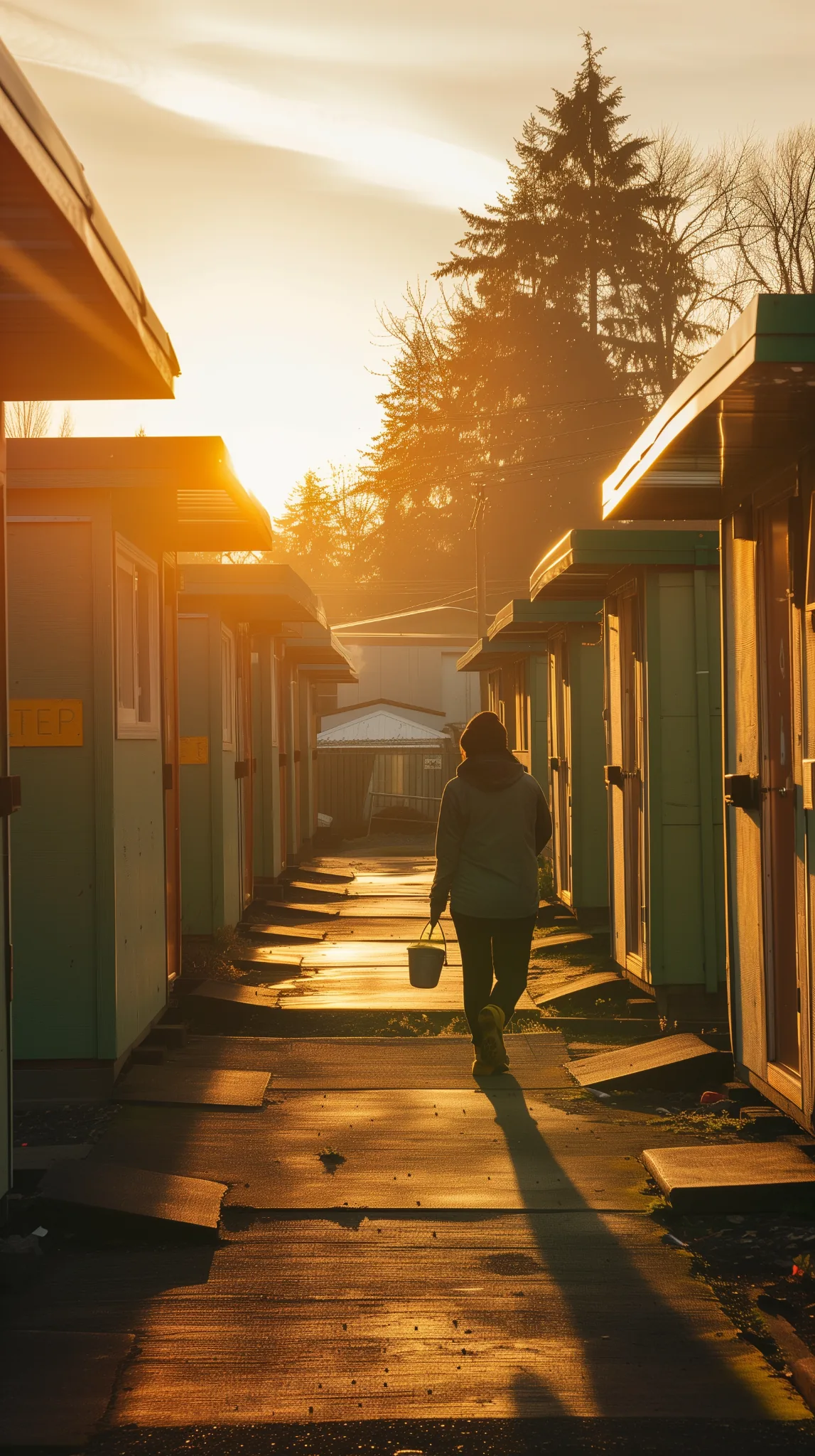 Resident walking through a supportive transitional housing community in Kelowna at sunrise, carrying a bucket between small housing units, symbolizing daily routine, stability, and progress.