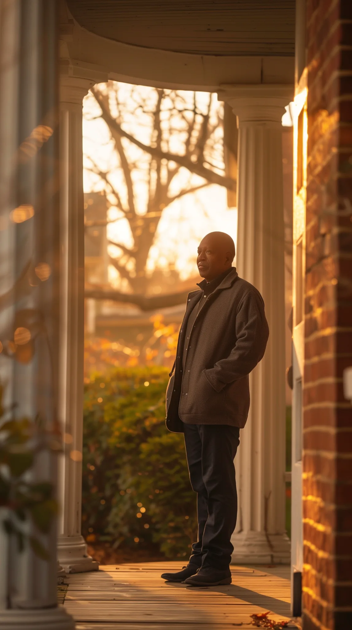 Man standing on the porch of a transitional housing residence in Kelowna during golden hour, symbolizing stability, reflection, and supportive community housing.