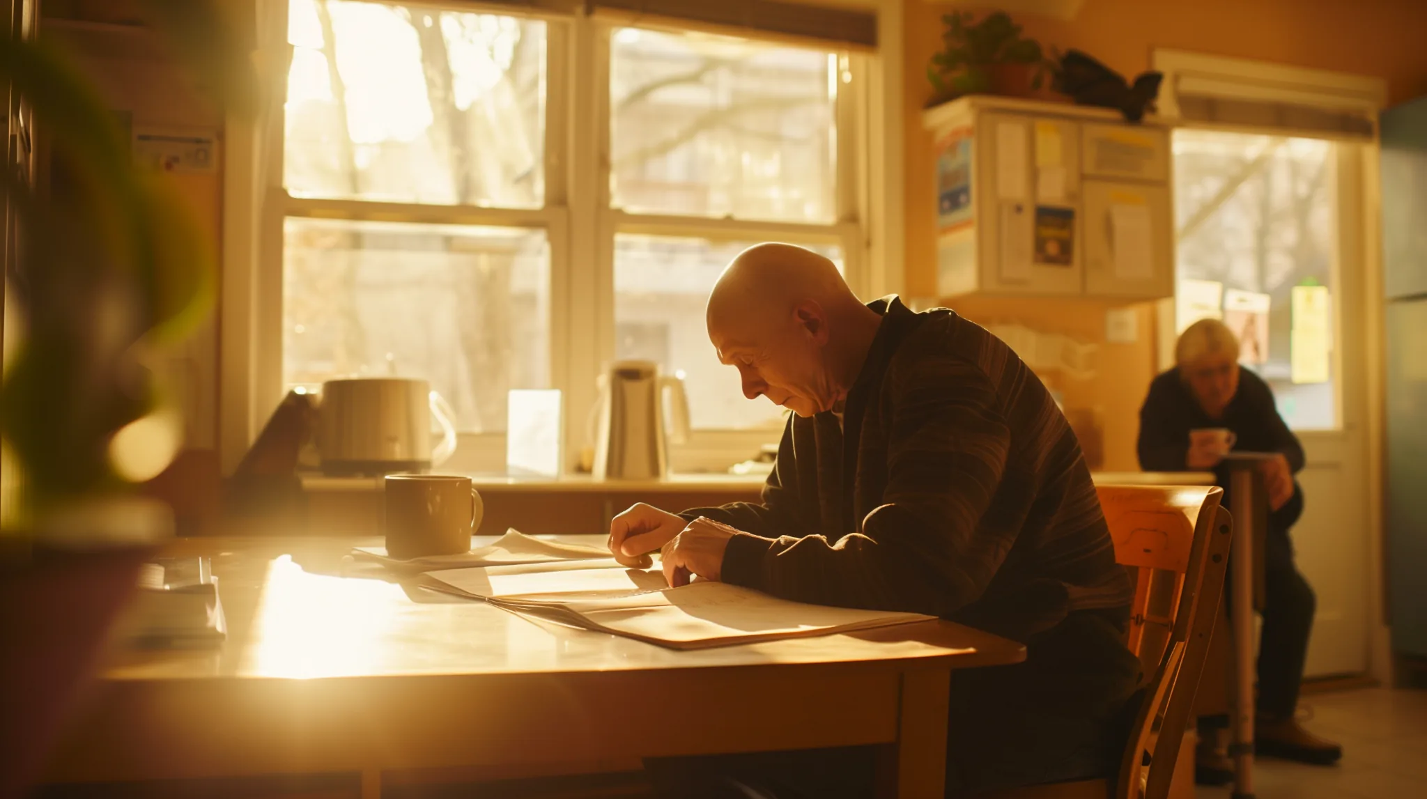 Resident reviewing paperwork at a shared table inside a transitional housing program in the Okanagan, with warm natural light and a supportive community setting.